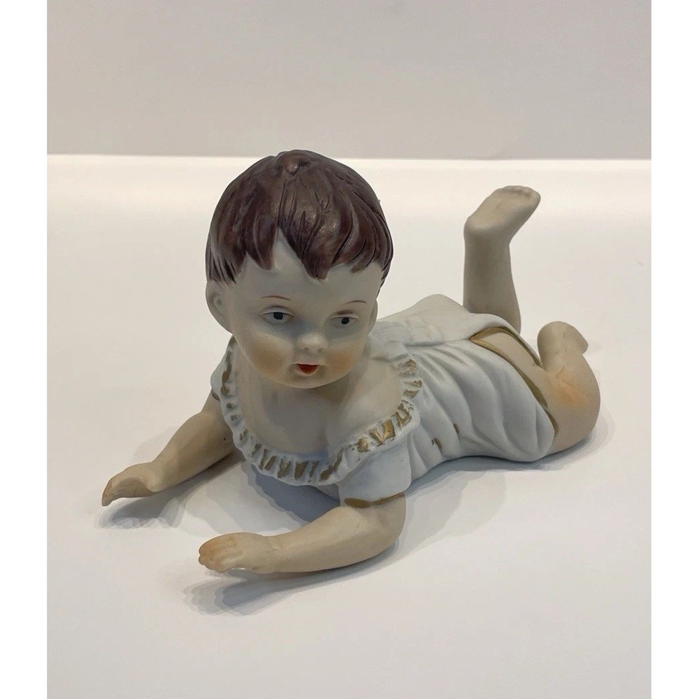 KPM Royal Berlin German Bisque Piano Baby Figurine Crawling Brown Hair 6" x 4"